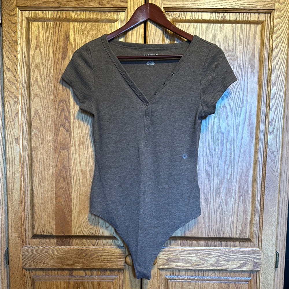 American Eagle Women's Brown Henley T-Shirt Bodysuit